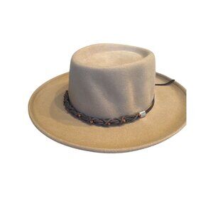 Boho Coldwater Creek Tan 100% Wool Western Style Hat Beaded Braided Band Fedora